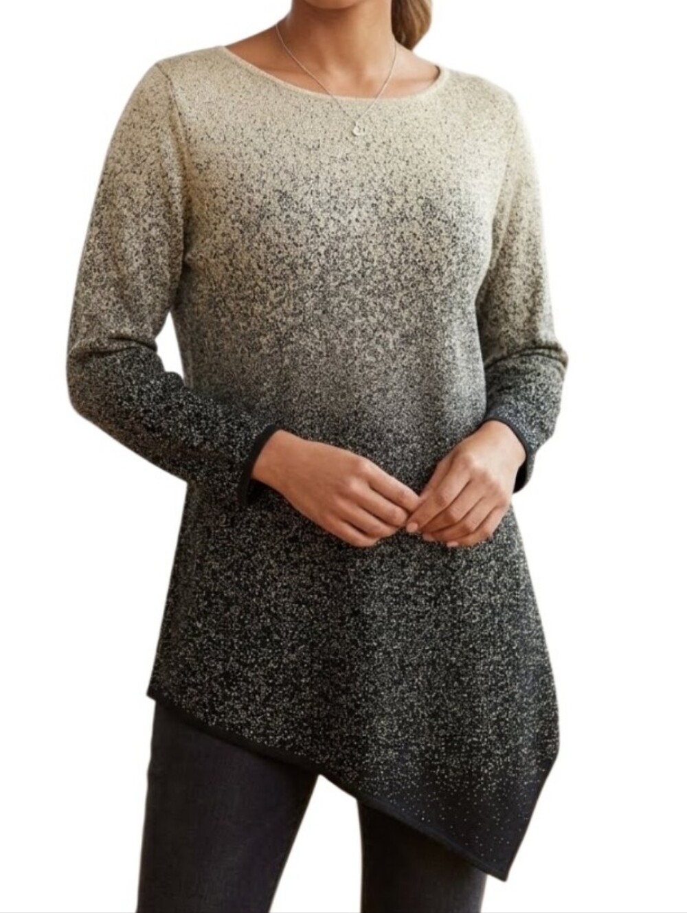 Chelsea & Thwodore Sparkle Ombre Handkerchief Hem Gold Black Blouse Top